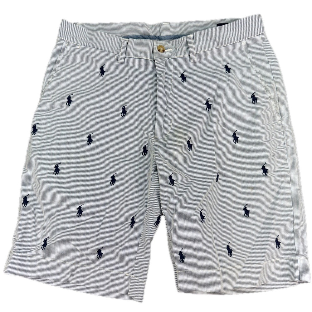 Polo Ralph Lauren Shorts Mens 30 Blue White Seersucker Allover Embroidered Pony